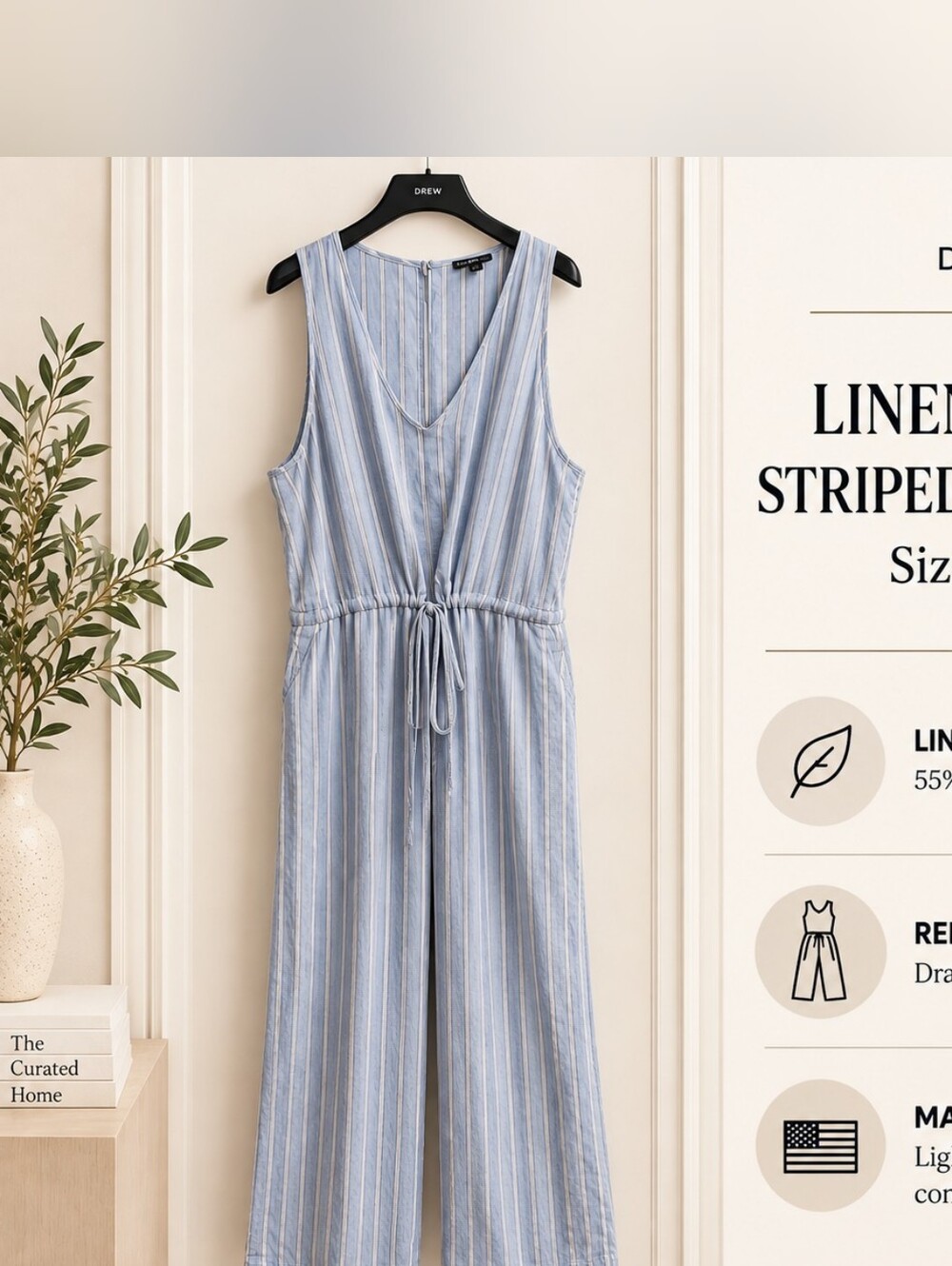 Drew Jumpsuit Blue Striped Linen Blend Wide Leg Size L Boho